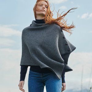New Aran Wool Herringbone Button Poncho Gray Made in Ireland